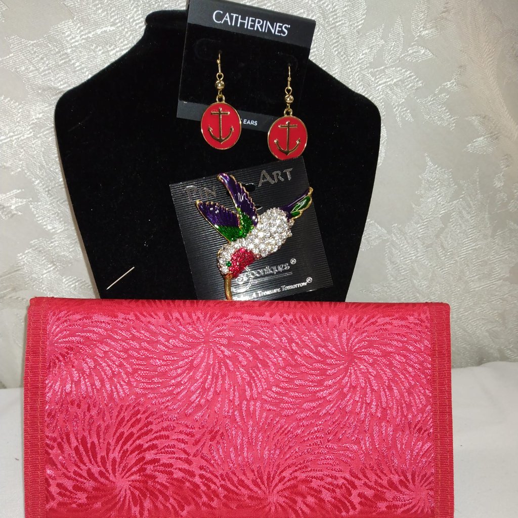 3 Pc Red Wallet Set With Earrings, Pin, And Wallet.